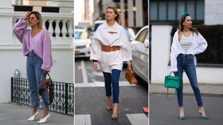A composite of street style influencers wearing skinny jeans and heels