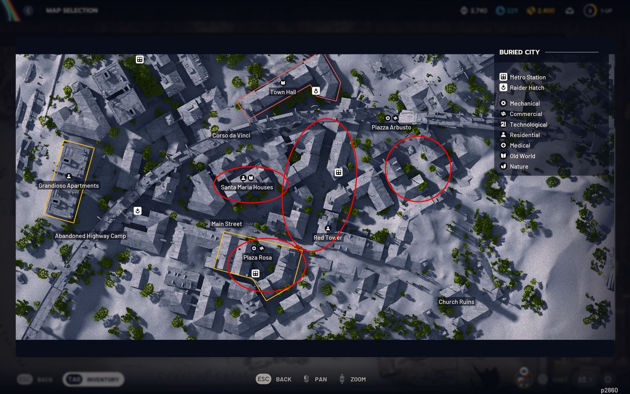 Arc Raiders cat bed location: A map with four red circles/ovals showing areas where you can find a cat bed on the Buried City map.
