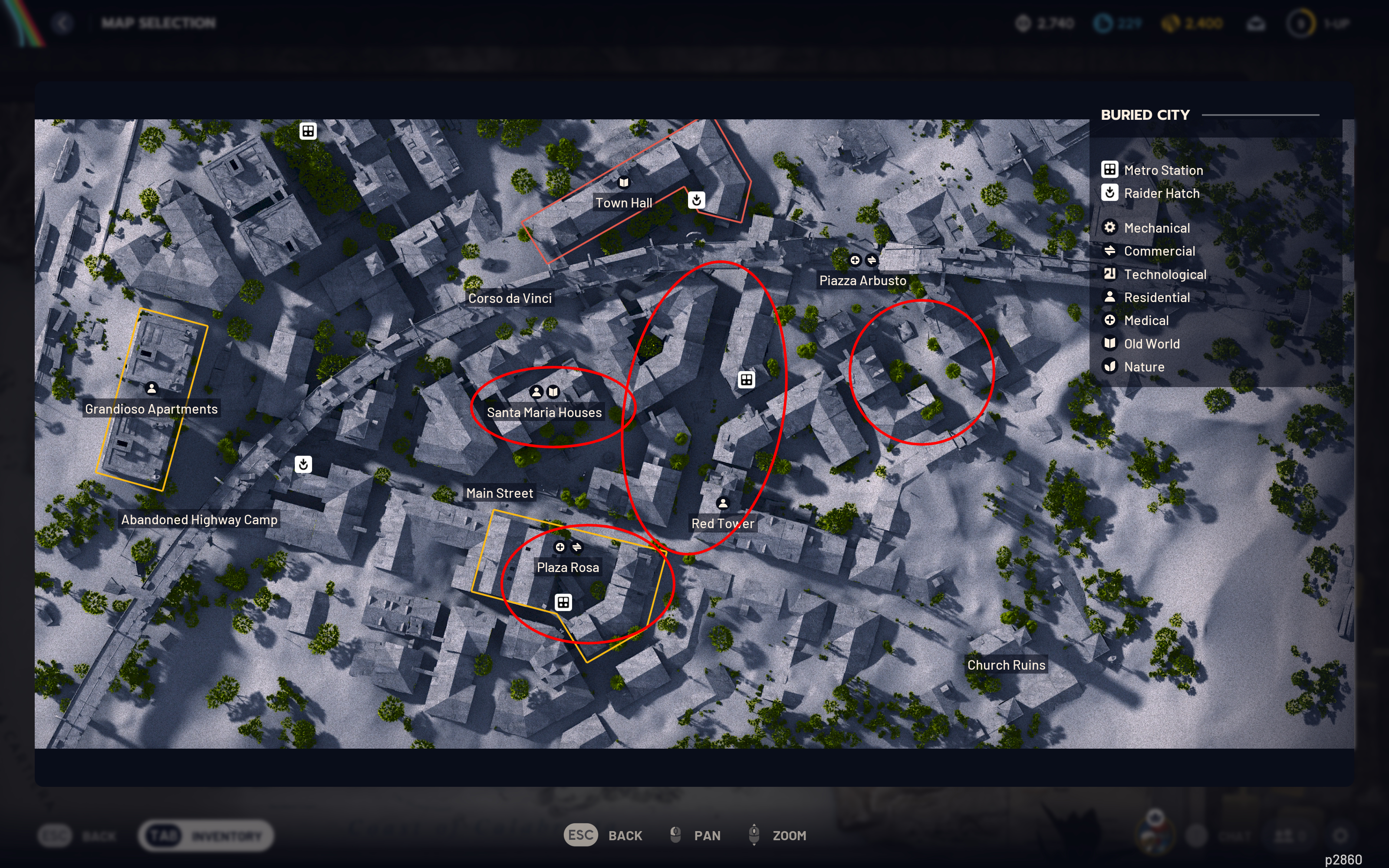 Arc Raiders cat bed location: A map with four red circles/ovals showing areas where you can find a cat bed on the Buried City map.