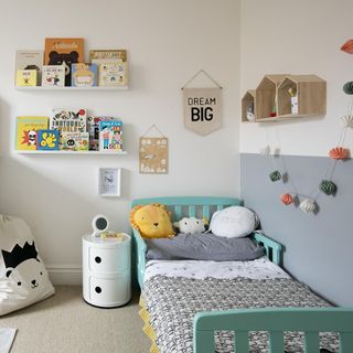 children's white bedroom with turquoise bed with carpet flooring