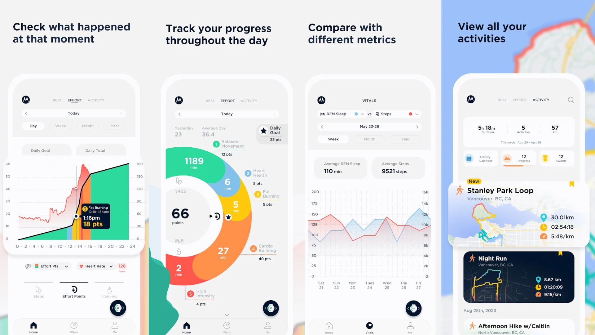 Screenshots of the Moto Watch 100 companion app showing the fitness features