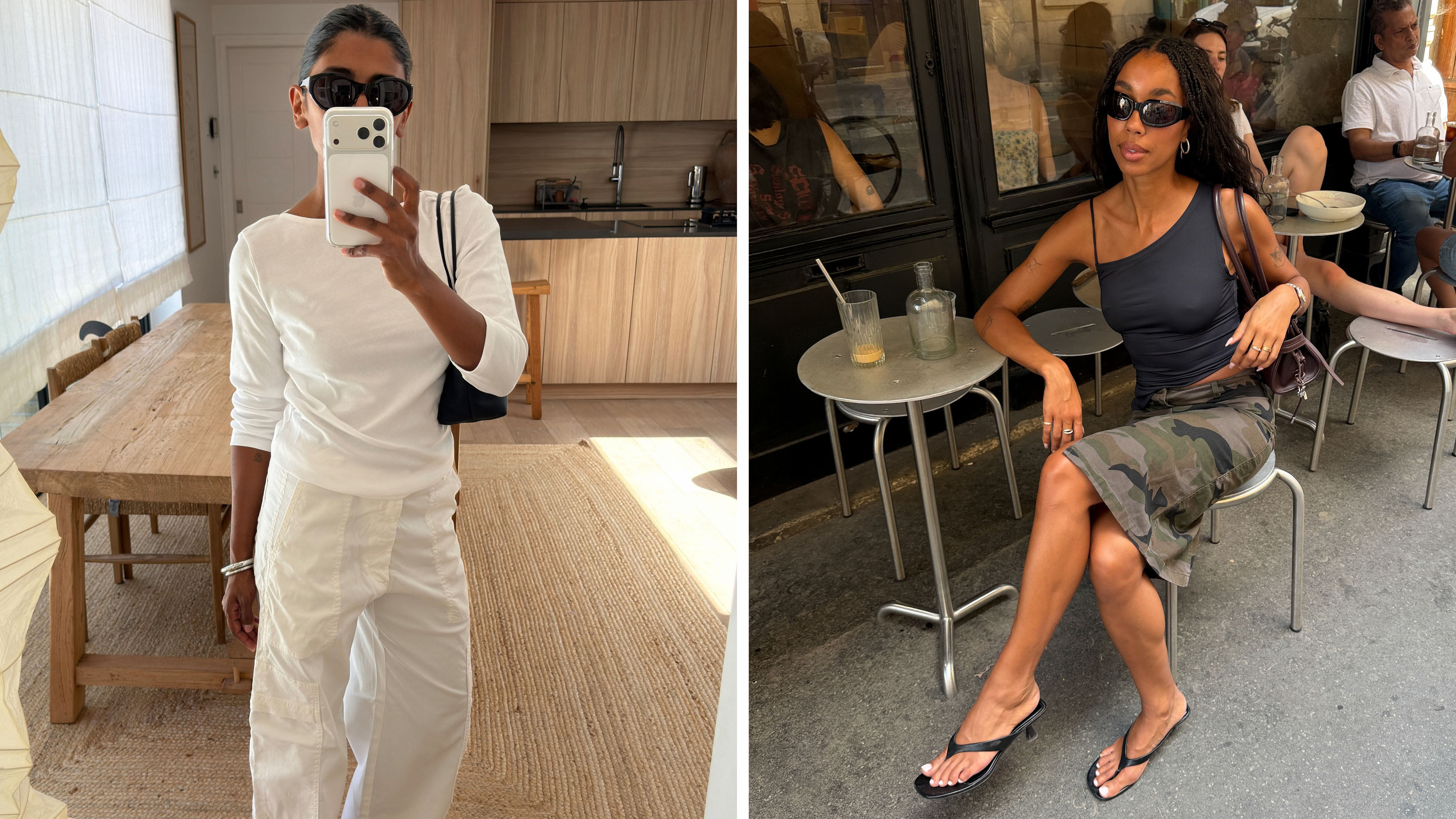 Woman in a white long sleeve tee; woman in a black top and culottes
