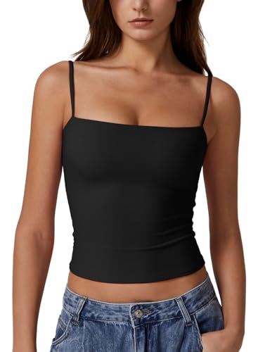 Qinsen Basic Cami Tank Top for Women Spaghetti Straps Sleeveless Double Lined Fashion T Shirt Tops Black S
