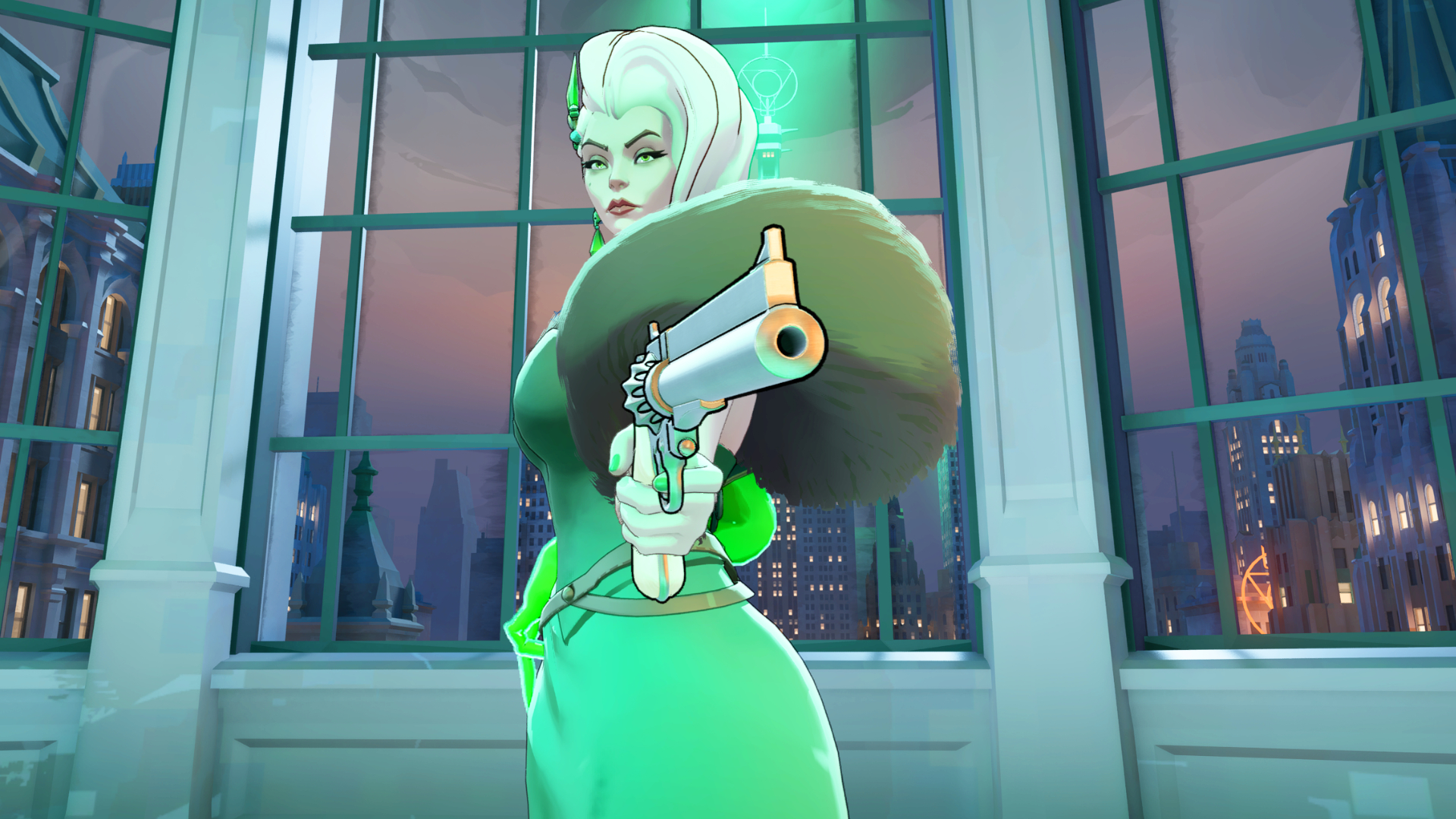 A screenshot of Deadlock character Lady Geist. She is standing in the main hub in front of windows looking out over the city. Geist points a revolver at the viewer while wearing her green dress.