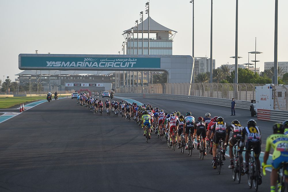 The Abu Dhabi peloton in action at the Yas Marina Formula One track.