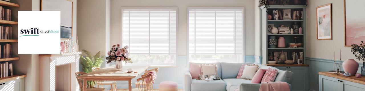 Swift direct blinds logo at top left on the banner with a wide shot of a baby blue and pink themed living room