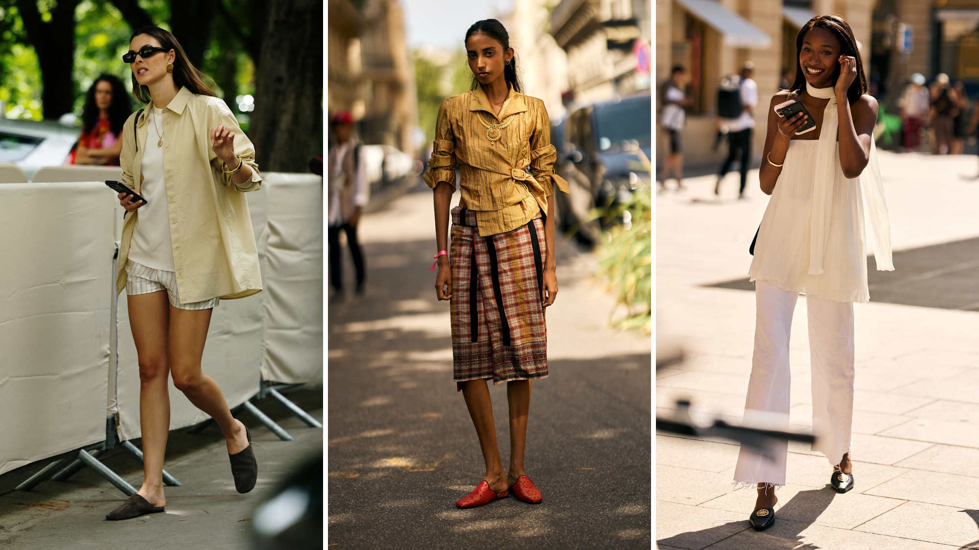 Street style images of women wearing flat mules with summer outfits