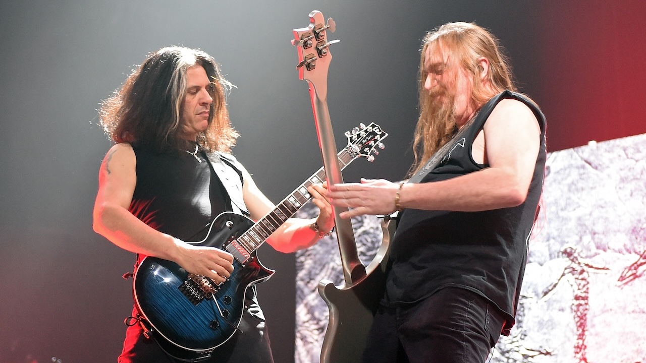 Guitarist Alex Skolnick (L) and bassist Steve DiGiorgio of Testament performs at The Joint inside the Hard Rock Hotel &amp;amp; Casino on March 26, 2016 in Las Vegas, Nevada.