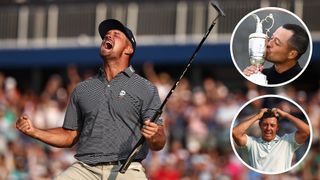 bryson dechambeau celebrates us open win and montage images of mcilroy and schauffele