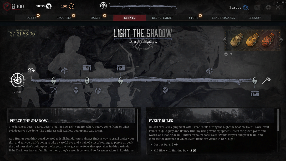 Hunt: Showdown screenshots showing the new menus for the Light the Shadow event with various rewards and paths