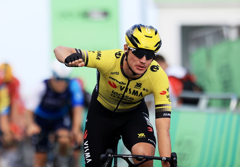 SOUTHWOLD, ENGLAND - SEPTEMBER 02: Olav Kooij of Netherlands and Team Visma | Lease a Bike celebrates at finish line as stage winner during the 21st Tour of Britain 2025, Stage 1 a 161.4km stage from Woodbridge to Southwold on September 02, 2025 in Southwold, England. (Photo by Stephen Pond/Getty Images)