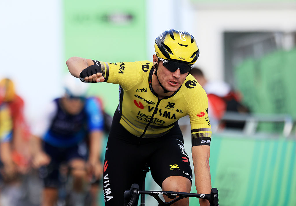 SOUTHWOLD, ENGLAND - SEPTEMBER 02: Olav Kooij of Netherlands and Team Visma | Lease a Bike celebrates at finish line as stage winner during the 21st Tour of Britain 2025, Stage 1 a 161.4km stage from Woodbridge to Southwold on September 02, 2025 in Southwold, England. (Photo by Stephen Pond/Getty Images)