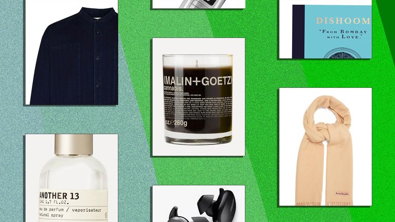 a collage of ideas for Christmas gifts for your boyfriend including YMC, Le Labo, Mainl + Goetz, Babyliss, Bose, Dishoom and Acne Studios