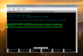 An open terminal window, being used to edit crontab to setup a vnc server to start on boot.