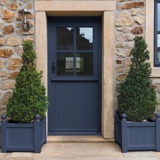 Blue front door with two potted trees either side
