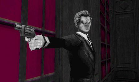 A faceless man pointing a gun