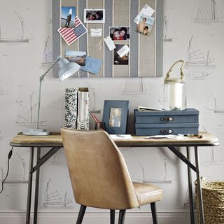 office room with desk chair and yacht motif wallpaper