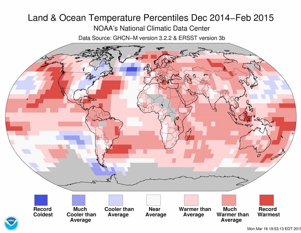 Combined land and sea surface temperatures from December 2014 to February 2015.