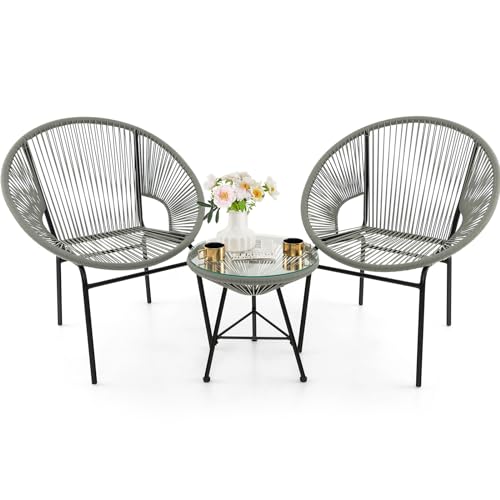 Tangkula 3 Piece Outdoor Patio Furniture Set, Acapulco Chair Set W/plastic Rope, Tempered Glass Table, All Weather Patio Bistro Set for Patio, Lawn, Garden, Backyard (grey)