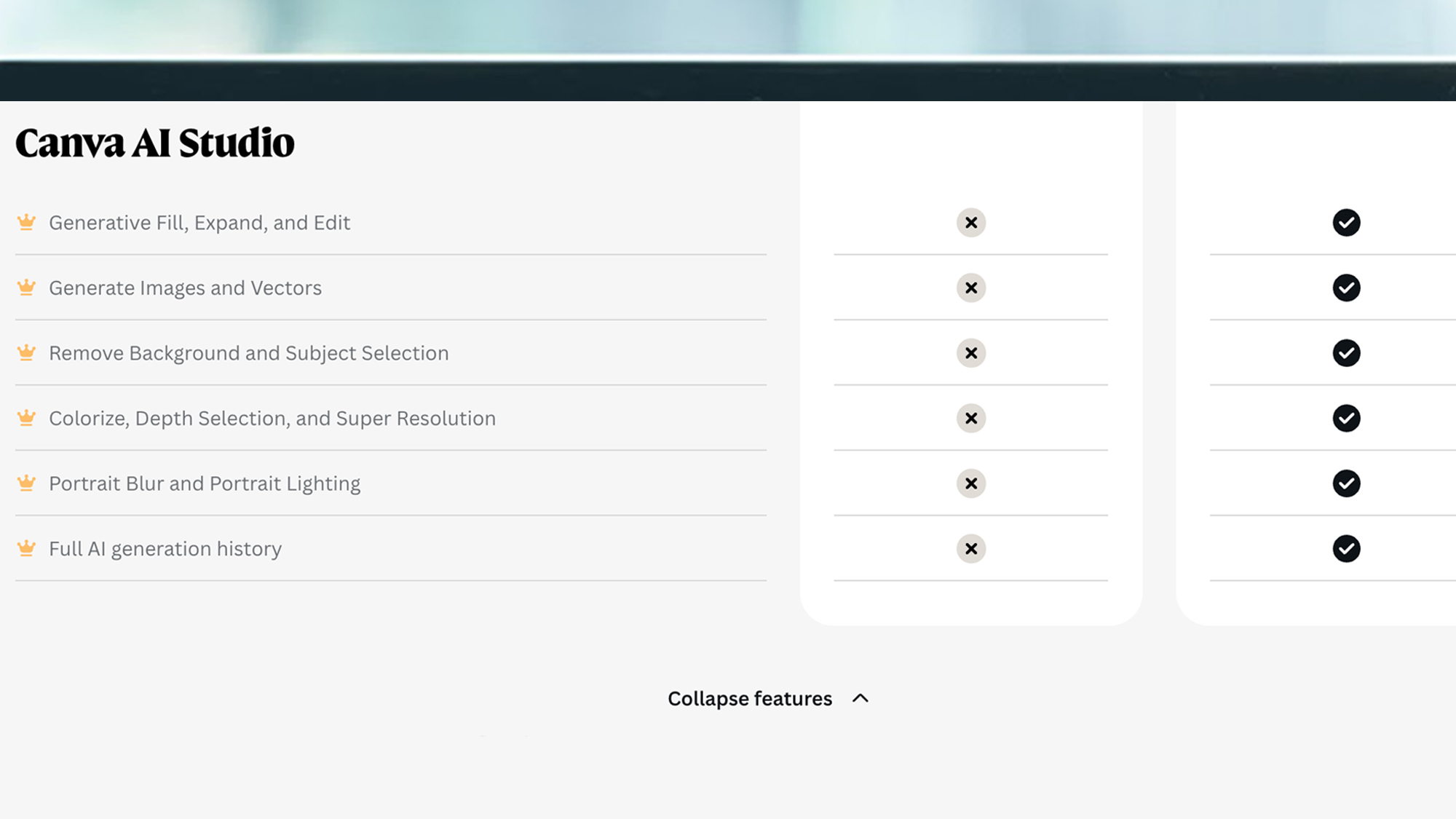 Una pantalla de computadora portátil que muestra funciones de Affinity Photo que están disponibles en las versiones gratuita y de pago.