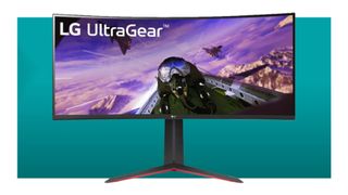 The LG UltraGear QHD 34-Inch Curved Gaming Monitor 34GP63A-B on a green background