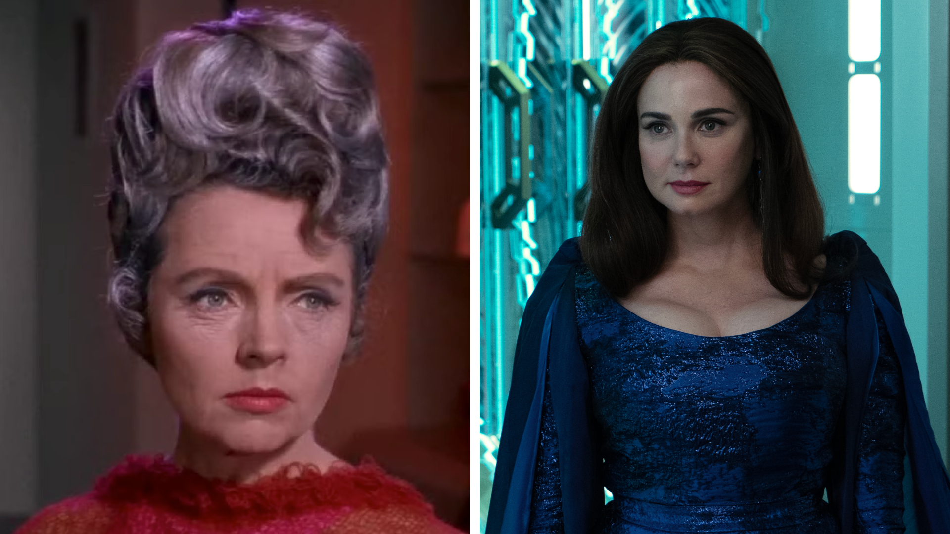 Split image showing Jane Wyatt (Left) and Mia Kirshner (Right), who played Amanda Grayson in Star Trek: The Original Series and Star Trek: Strange New Worlds, respectively.