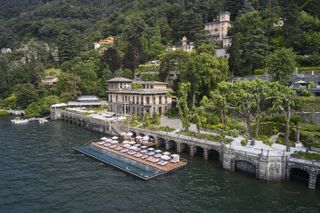 Mandarin Oriental floating infinity pool platform by Herzog and de Meuron seen from the lake