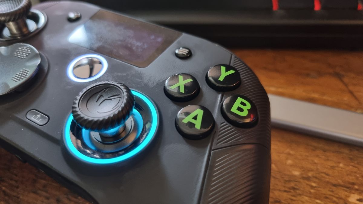 The face buttons of the Nacon Revolution X Unlimited, covered in grease