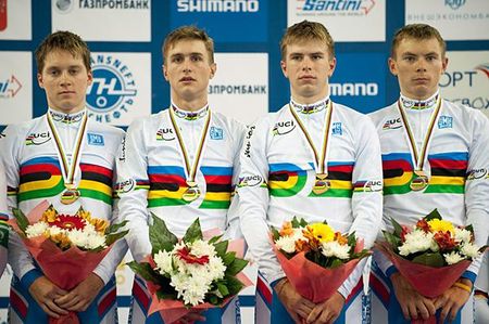 The Russian men's team pursuiters on the podium as junior world champions.