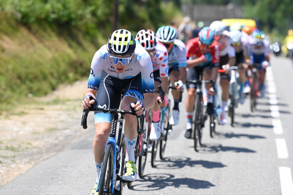 PUY DE DME FRANCE JULY 09 Matteo Jorgenson of The United States and Movistar Team competes in the breakaway during the stage nine of the 110th Tour de France 2023 a 1824km stage from SaintLonarddeNoblat to Puy de Dme 1412m UCIWT on July 09 2023 in Puy de Dme France Photo by Tim de WaeleGetty Images