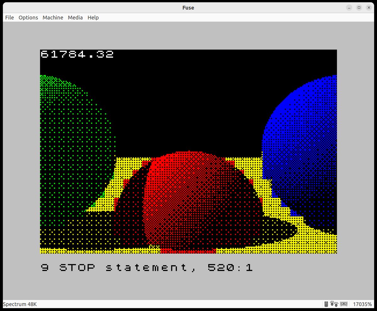 A ray-traced image on the ZX Spectrum showing ray-traced shadow effects.
