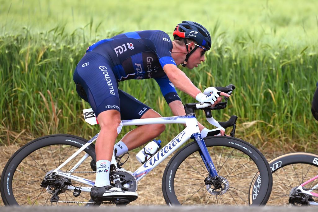 FANO ITALY MAY 16 Laurence Pithie of New Zealand and Team Groupama FDJ competes during the 107th Giro dItalia 2024 Stage 12 a 193km stage from Martinsicuro to Fano UCIWT on May 16 2024 in Fano Italy Photo by Tim de WaeleGetty Images