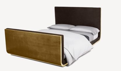 A double bed made from a one piece wooden base which curves around the mattress from the head to the foot.