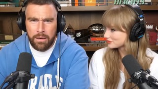 (L-R) Travis Kelce and Taylor Swift (wearing Sony MDR-7506 headphones) on an episode of "New Heights."