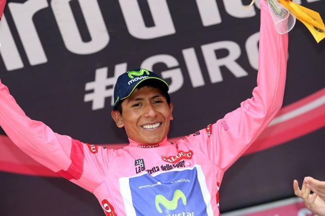 Nairo Quintana (Movistar) moves into pink after his stage 16 win at the Giro d'Italia