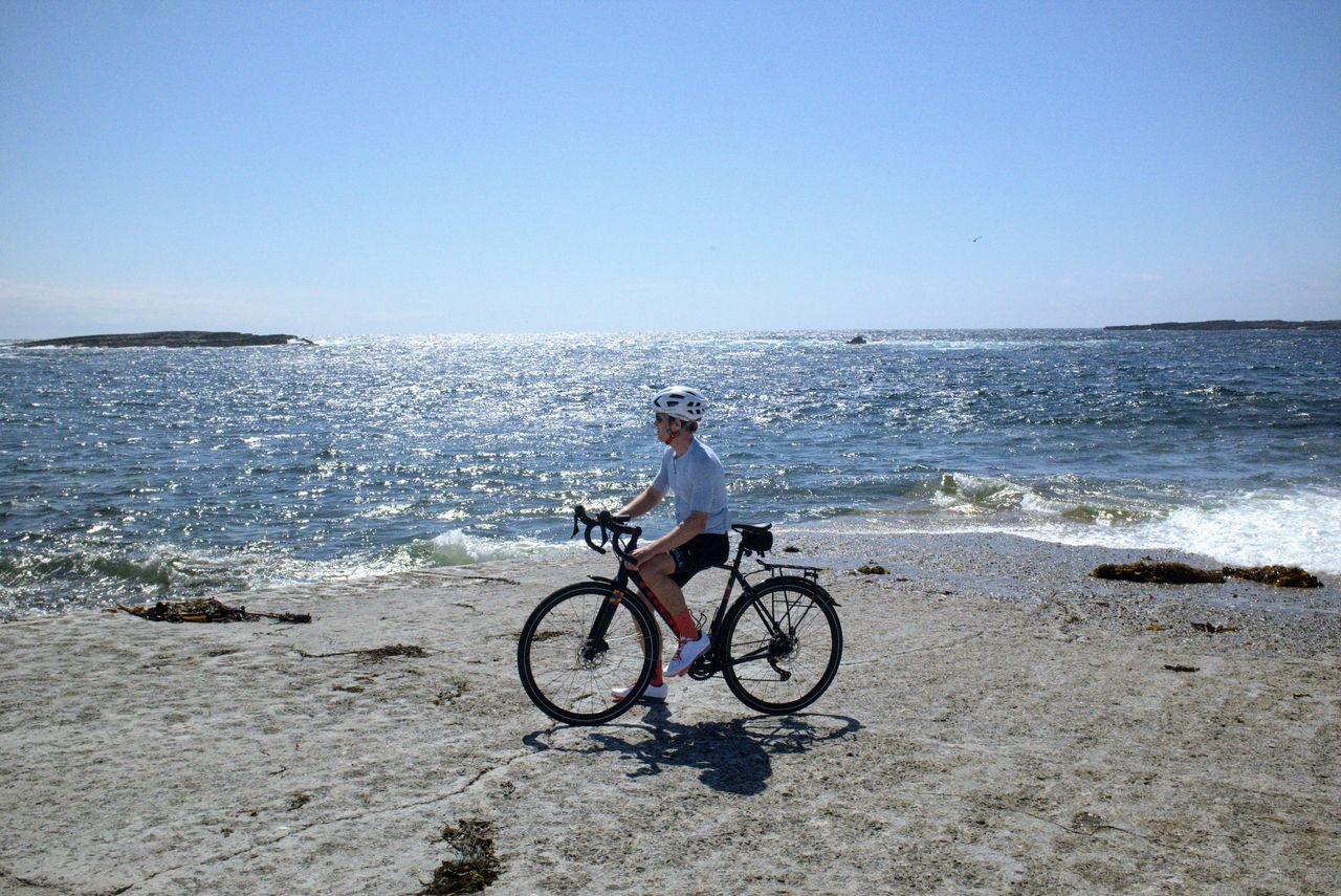 David Bradford static bike shot on rocks at western tip of Inishmore
