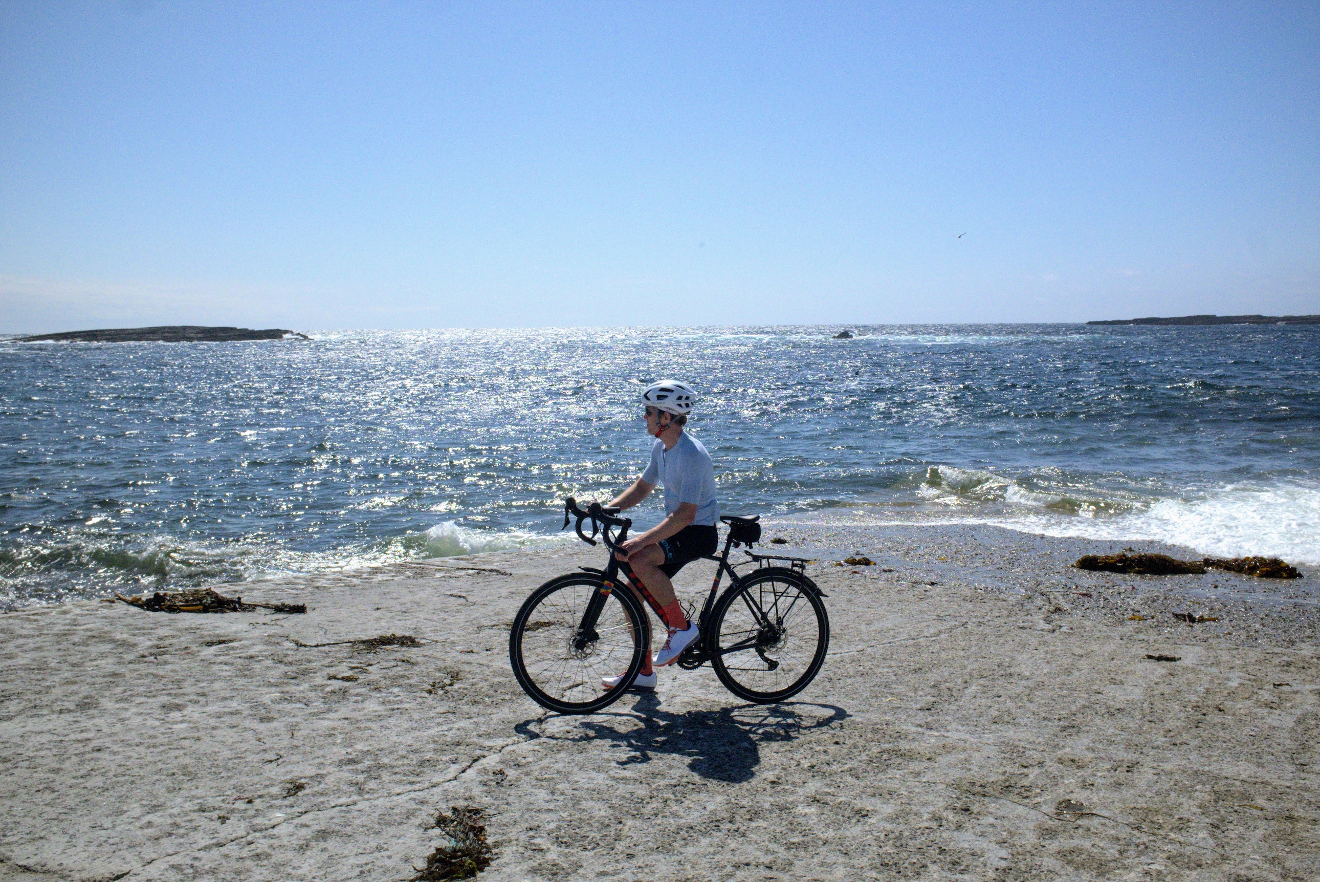 David Bradford static bike shot on rocks at western tip of Inishmore