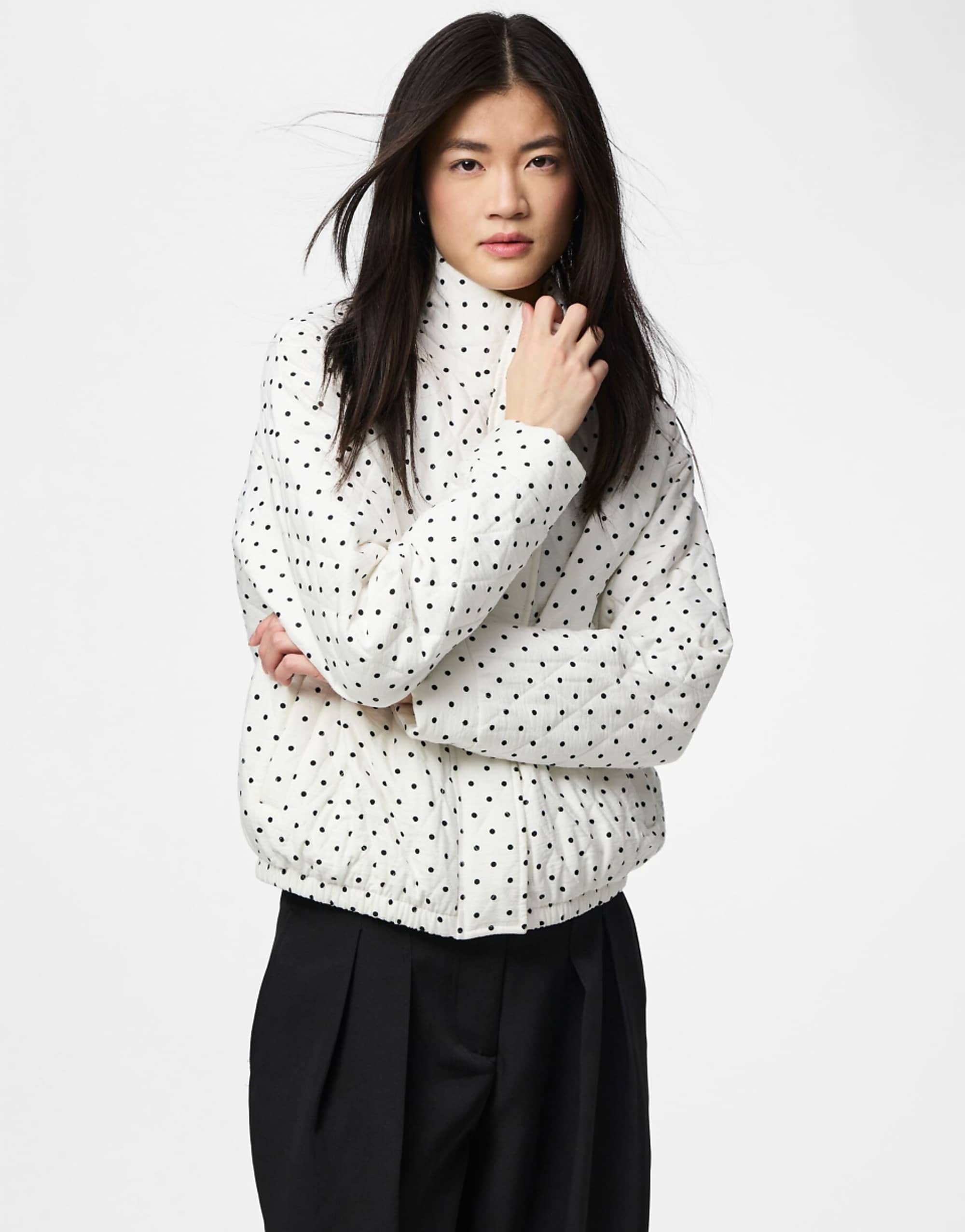 Pieces Funnel Neck Polka Dot Bomber Jacket in White