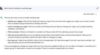 Screenshot showing the five tips shared by Bard. In order, these are: Identify your triggers, learn to manage your anger, talk to someone, take care of yourself and don’t give up.