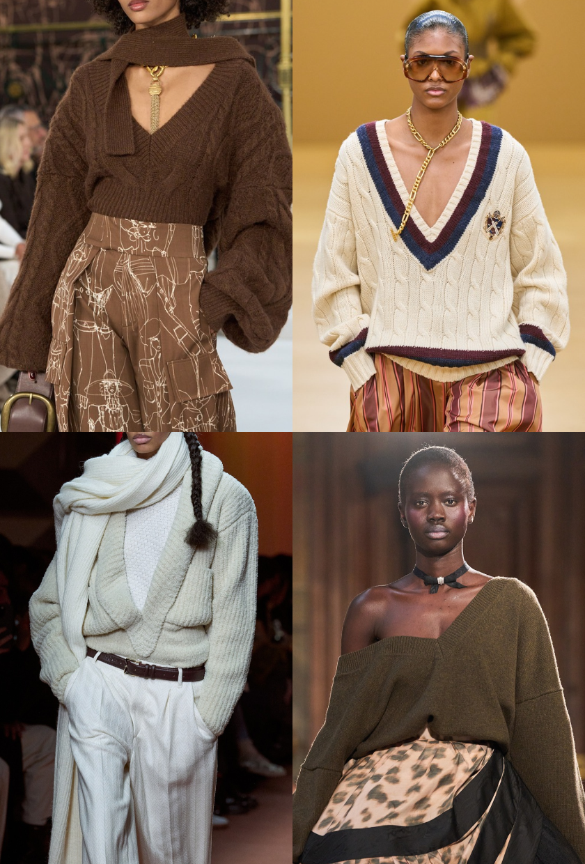 Four images of models from the autumn/winter 2026 runways wearing jumpers with exaggerated v-necklines
