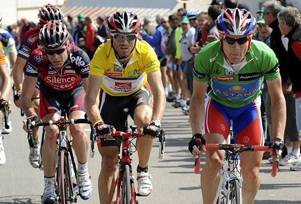 Levi Leipheimer is a vision of colour with green and red, white and blue.