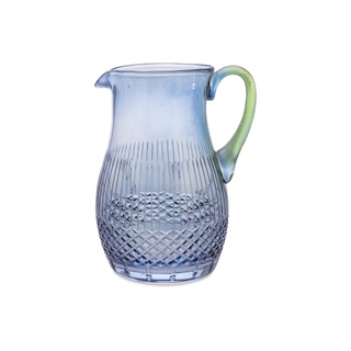 A blue 1.75l glass jug with a green handle