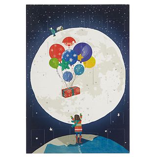 advent calendar image of kid sent gift with balloons to the moon