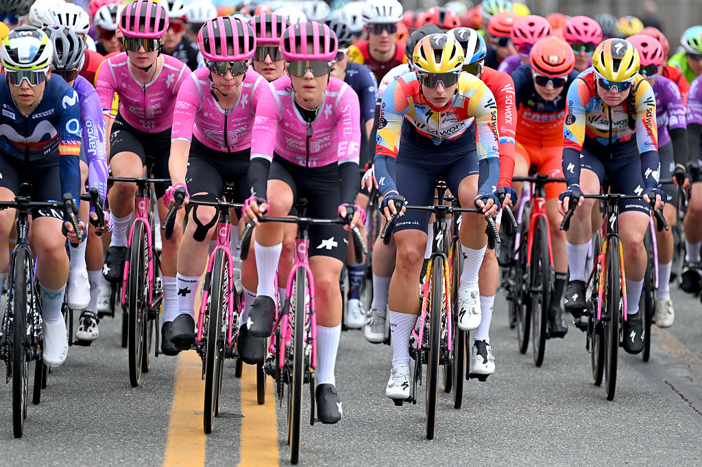 SANREMO, ITALY - MARCH 21: (L-R) Henrietta Christie of New Zealand and Team EF Education-Oatly and Femke Gerritse of Netherlands and Team SD Worx - Protime compete during the 8th Milano-Sanremo Donne 2026, Women's Elite a 156km one day race from Genova to Sanremo / #UCIWWT / on March 21, 2026 in Sanremo, Italy. (Photo by Tim de Waele/Getty Images)