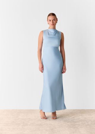 Pale Blue Cowl Neck Satin Maxi Dress