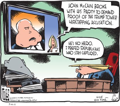Political Cartoon U.S. Trump Obama wiretapping accusation John McCain war hero
