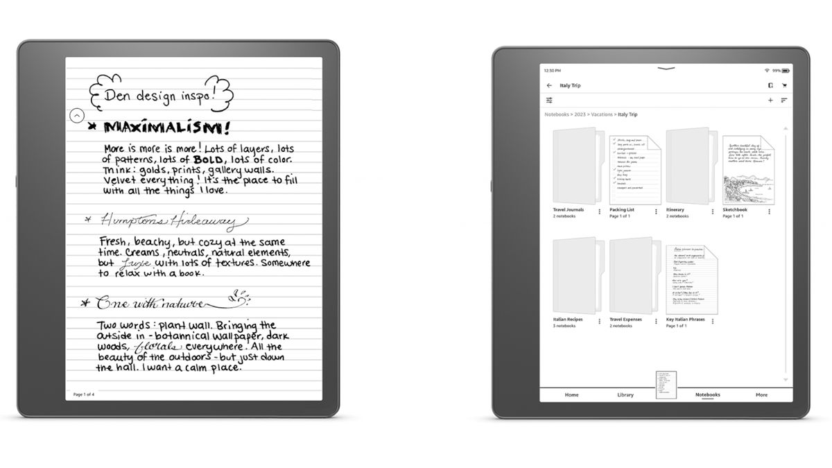 Amazon Kindle Scribe 2/27 update examples of new brush types and folder structures