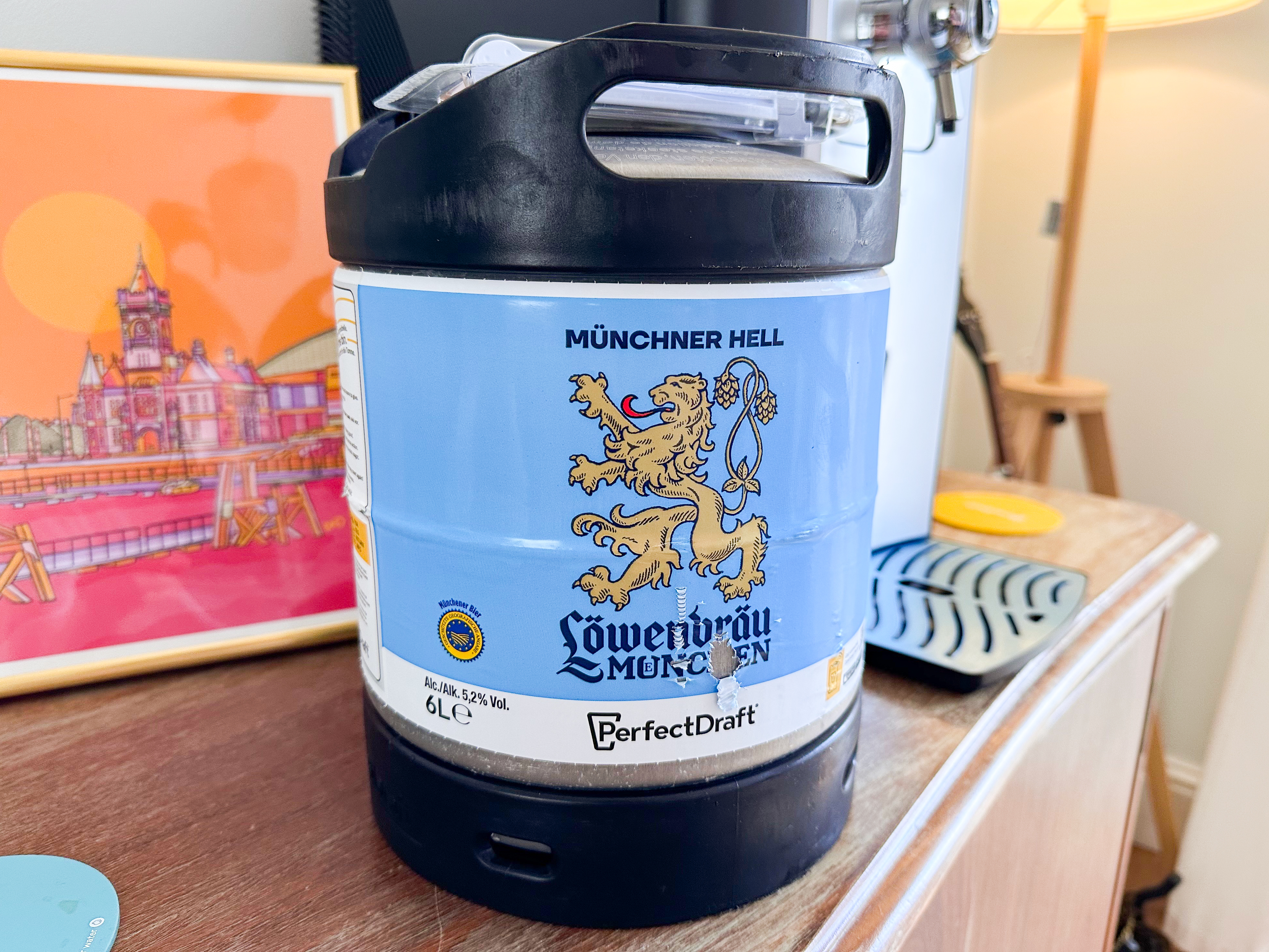 A 6L PerfectDraft keg of Lowenbrau beer.