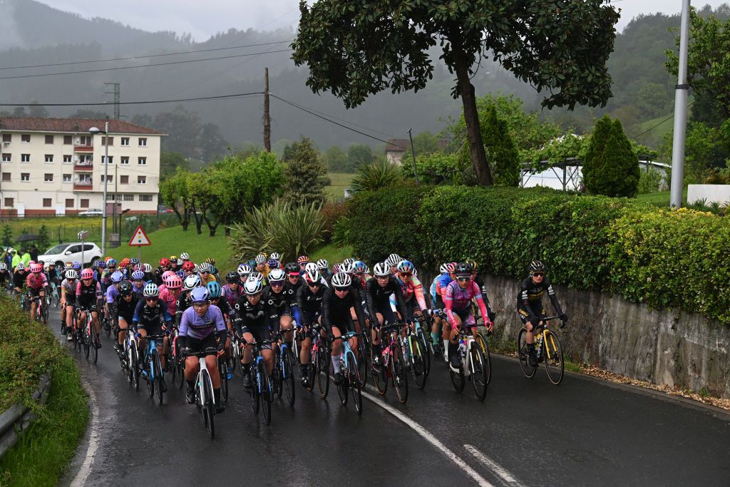 MARKINA SPAIN MAY 12 A general view of the peloton passing through a landscape during the 2nd Itzulia Women 2023 Stage 1 a 1222km stage from Etxebarria to MarkinaXemein UCIWWT on May 12 2023 in Markina Spain Photo by Dario BelingheriGetty Images