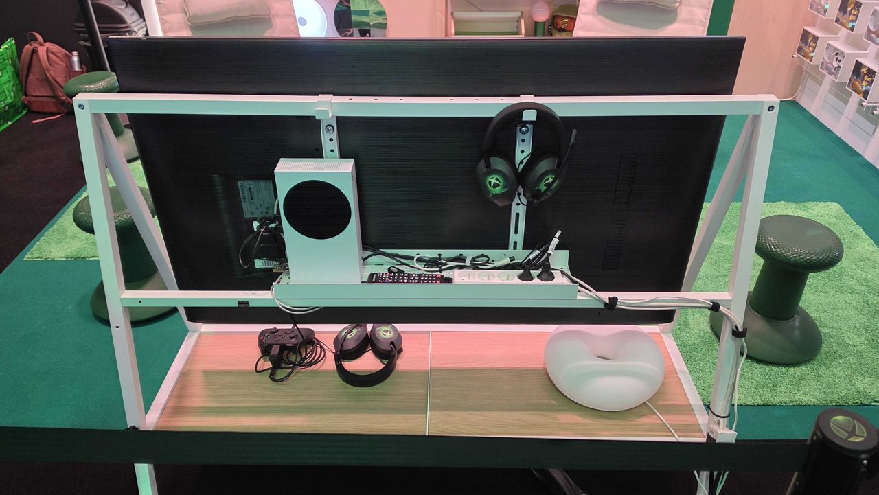 Showing the cable management of the TV stand from the IKEA x Xbox collection